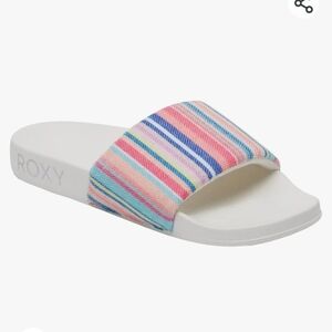 Roxy Slippy Terry Cloth Slides Sandals White Pink Rainbow Stripe Size 7 Womens